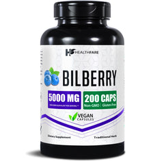 Healthfare Bilberry supplement bottle for daily eye support and antioxidant care.