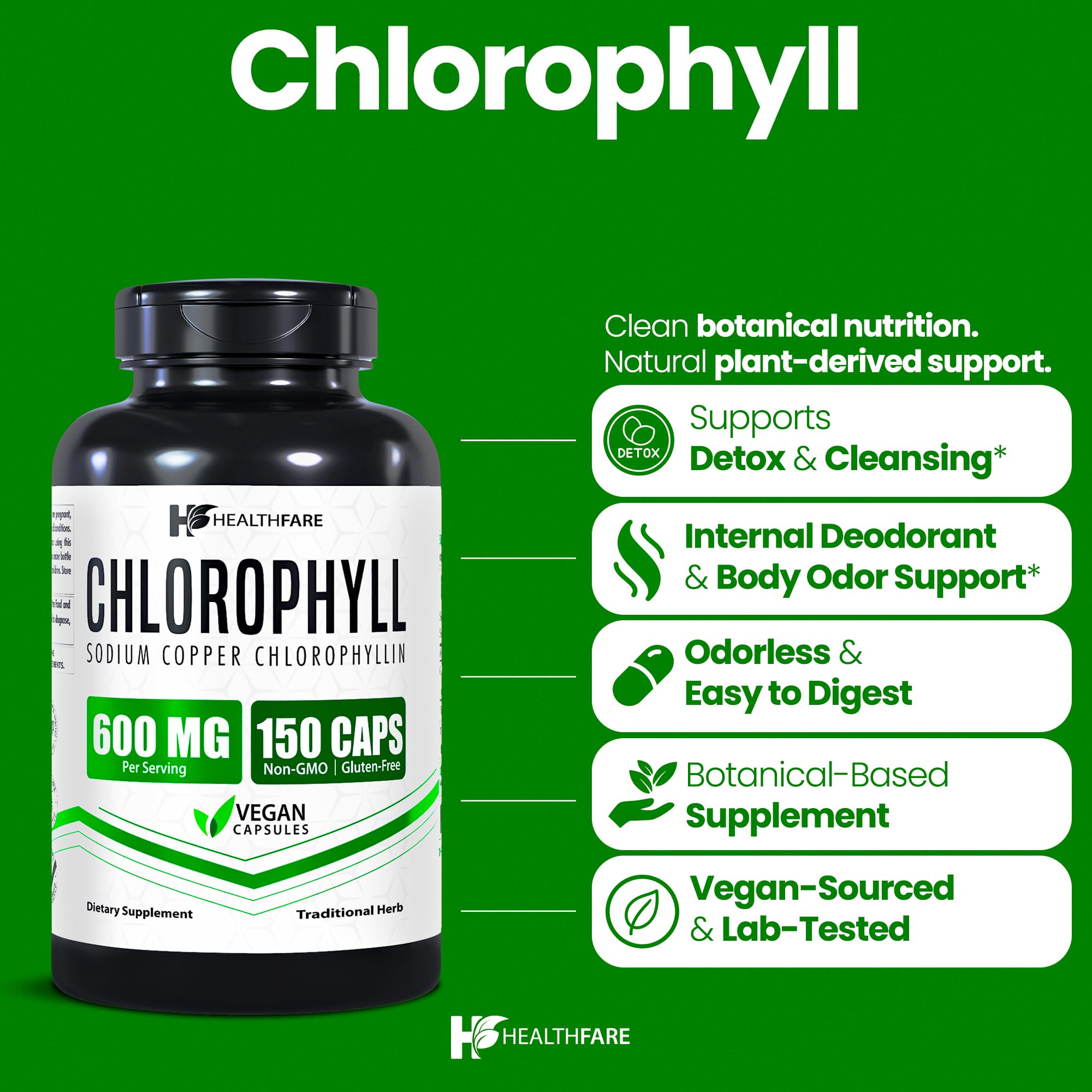 Close-up of Healthfare Chlorophyll Capsules label highlighting vegan and non-GMO features.