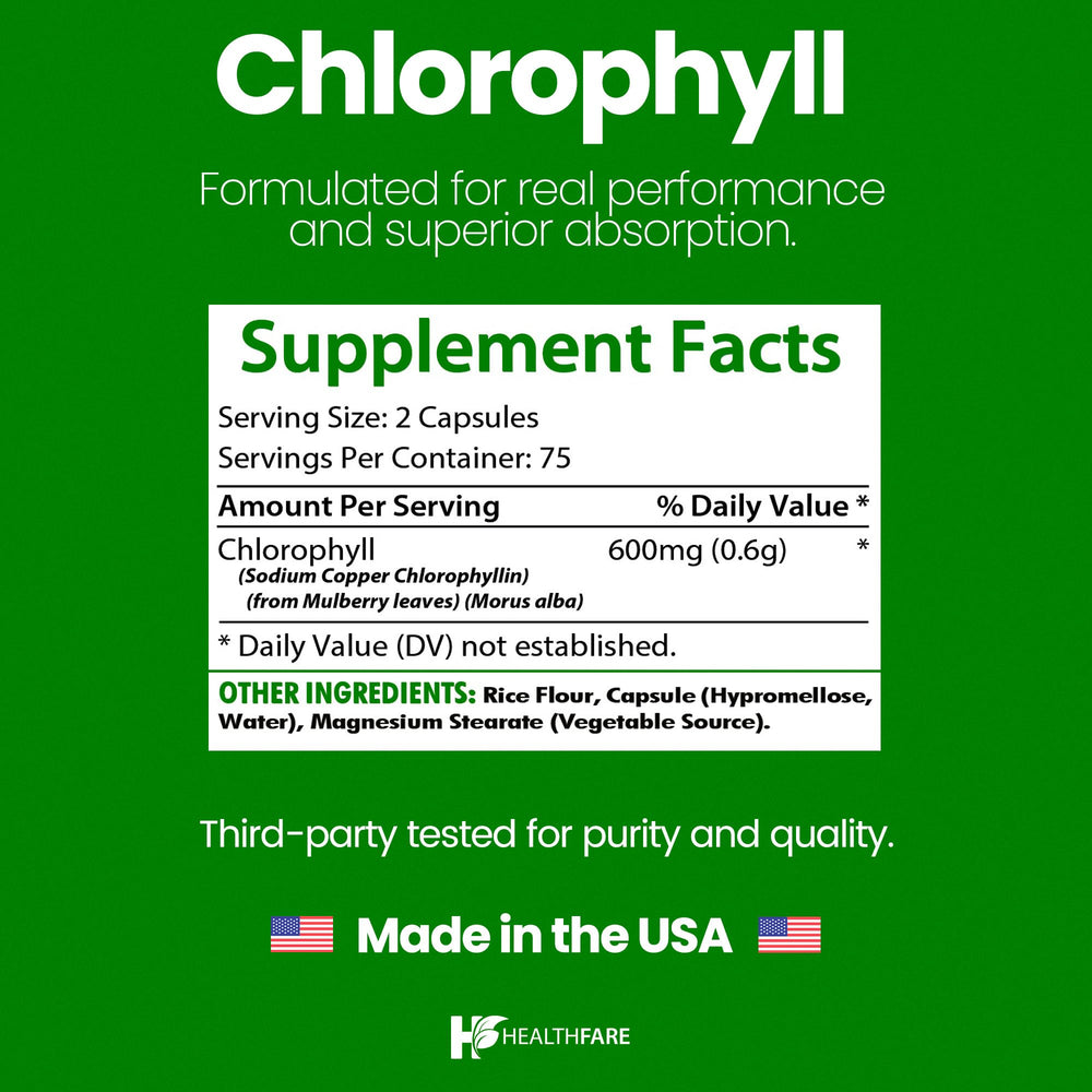 Chlorophyll capsules being poured to illustrate easy daily intake.