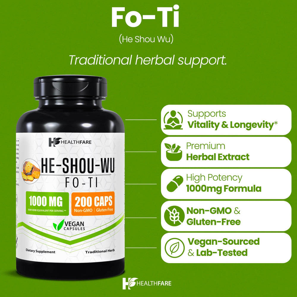 HealthFare Fo-Ti root extract 1000mg label close-up, high-potency herbal formula.