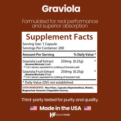 Healthfare Graviola leaf and fruit blend close-up, natural antioxidant support potential.