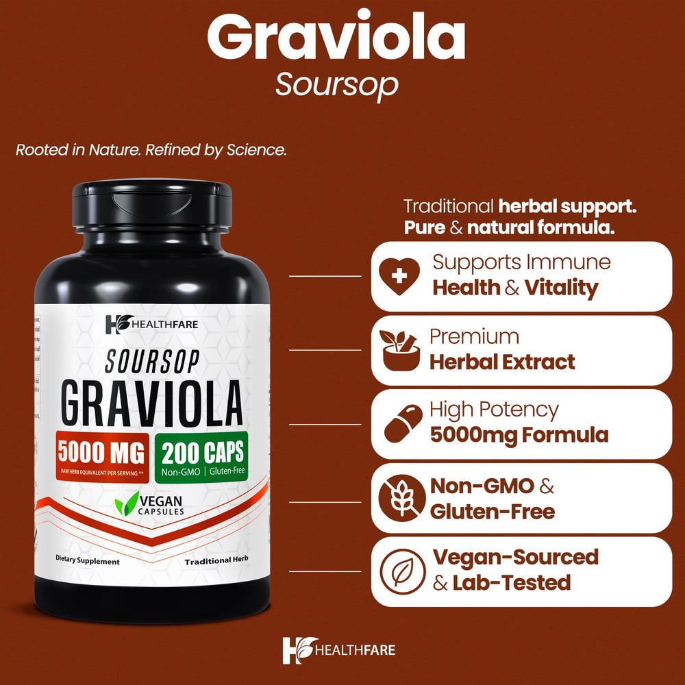 Healthfare Graviola vegan capsules close-up, convenient daily supplement option.