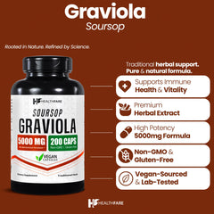 Healthfare Graviola vegan capsules close-up, convenient daily supplement option.