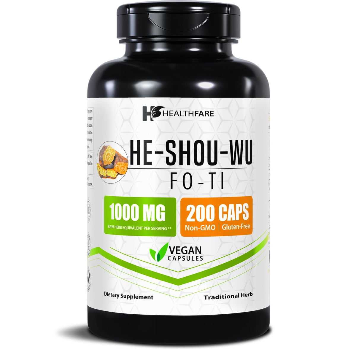 HealthFare He Shou Wu Capsules close-up, vegan daily wellness supplement.