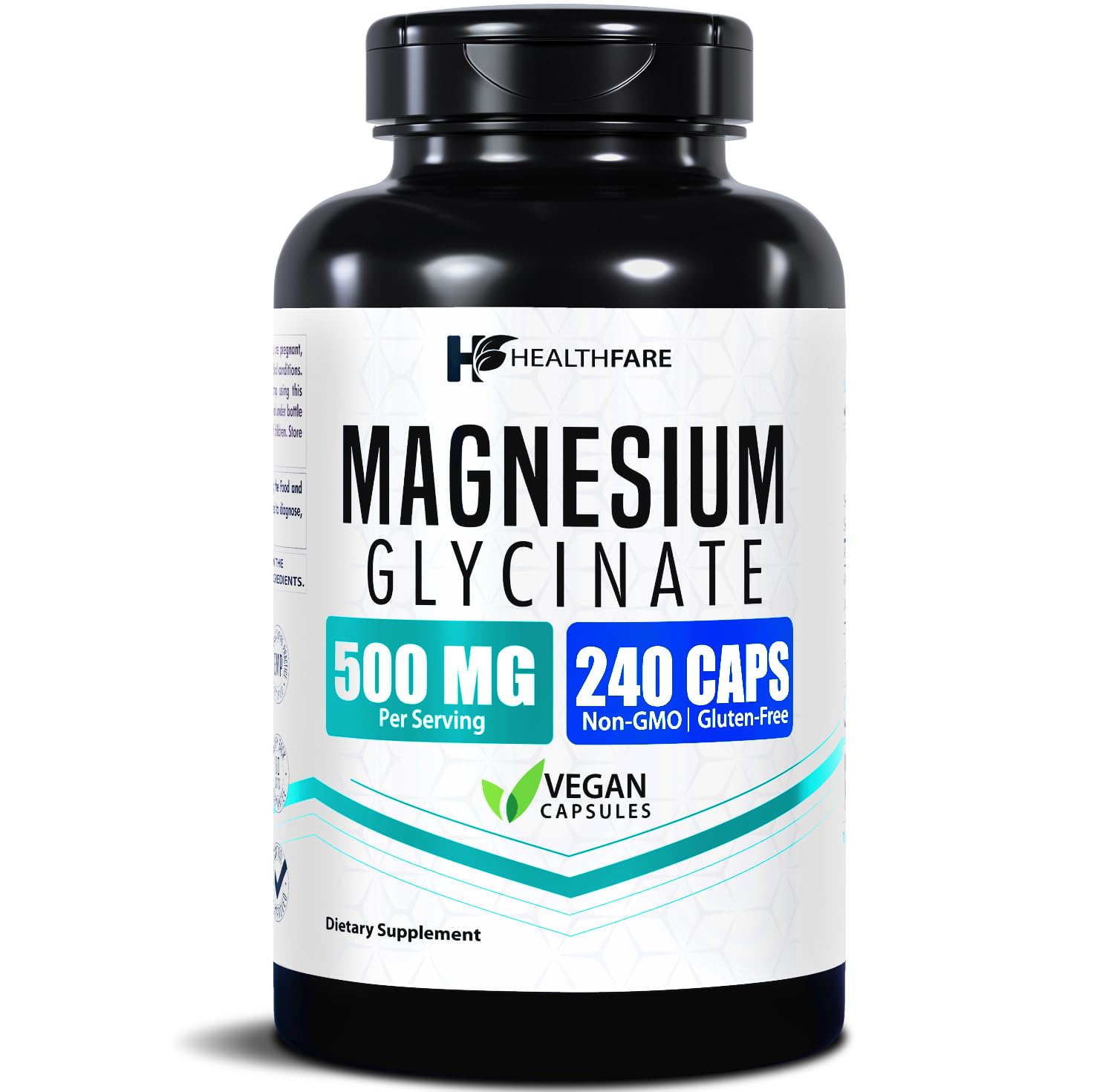 HealthFare Magnesium Glycinate 500mg bottle with easy to swallow capsules for daily use.