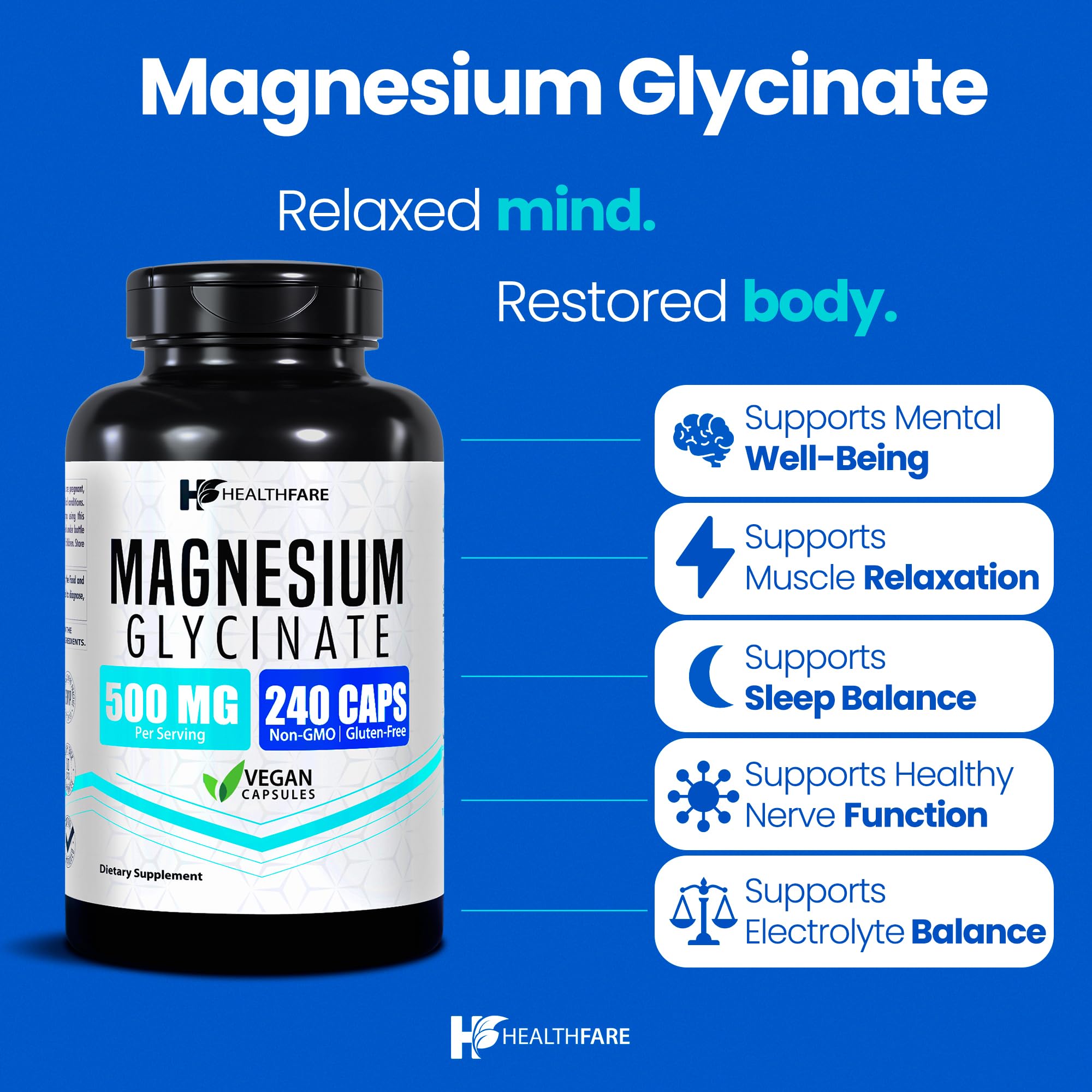 Close-up of HealthFare magnesium glycinate capsules highlighting chelated absorption.