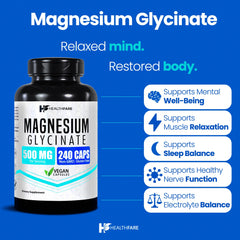 Close-up of HealthFare magnesium glycinate capsules highlighting chelated absorption.