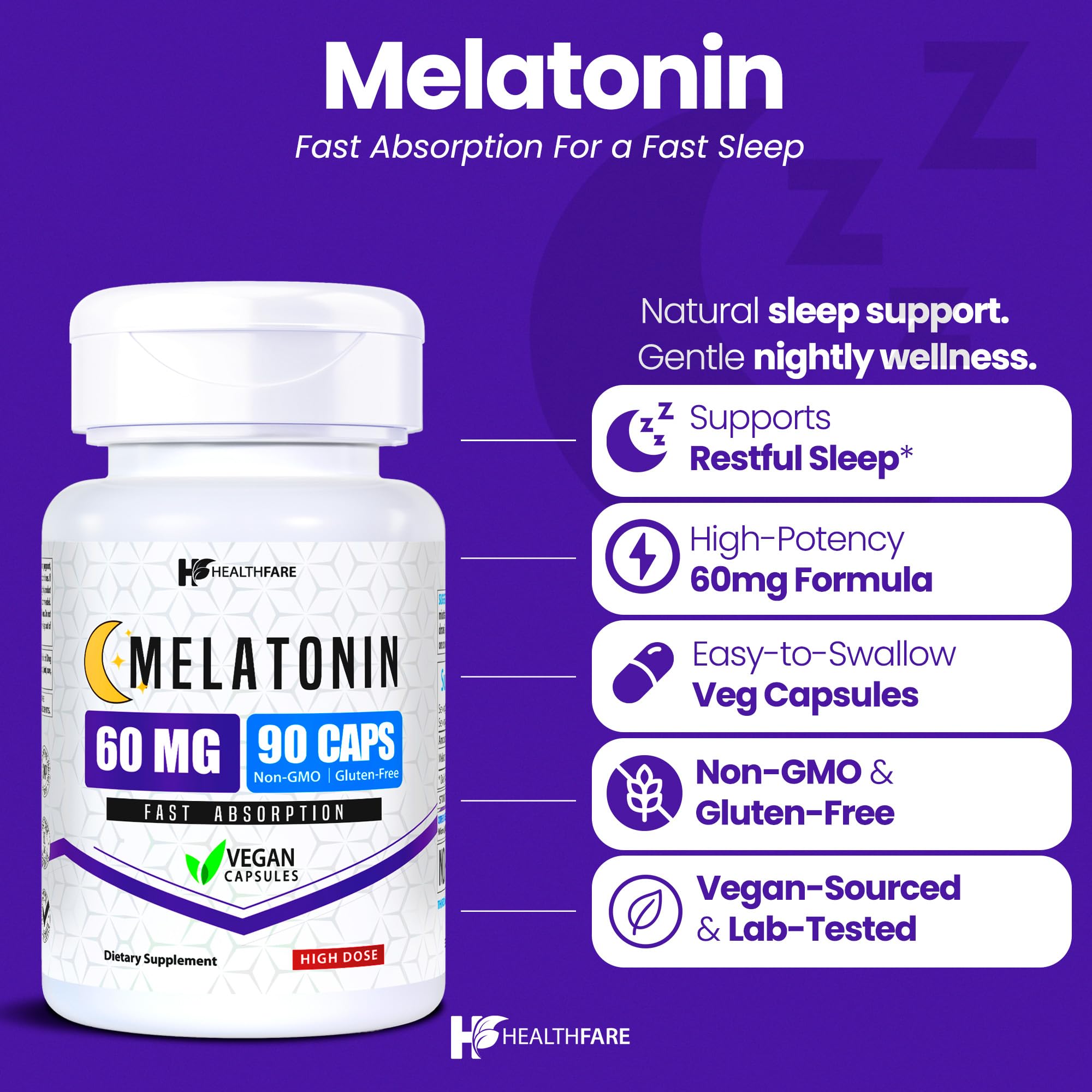 Healthfare Melatonin capsules closeup for easy nightly use