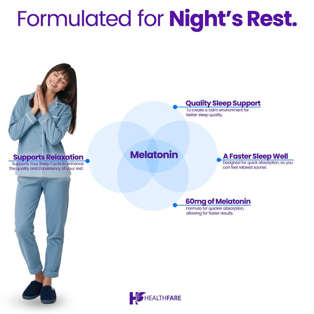 Healthfare Melatonin bottle on nightstand ready for bedtime routine