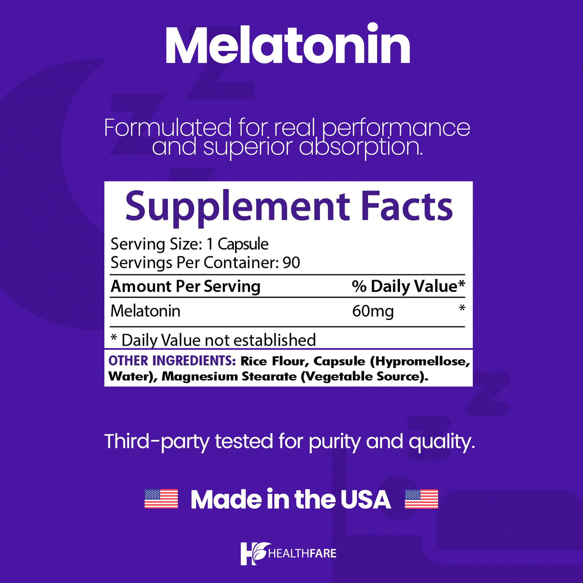 Healthfare Melatonin packaging bottle highlighting 90-count vegetarian capsules