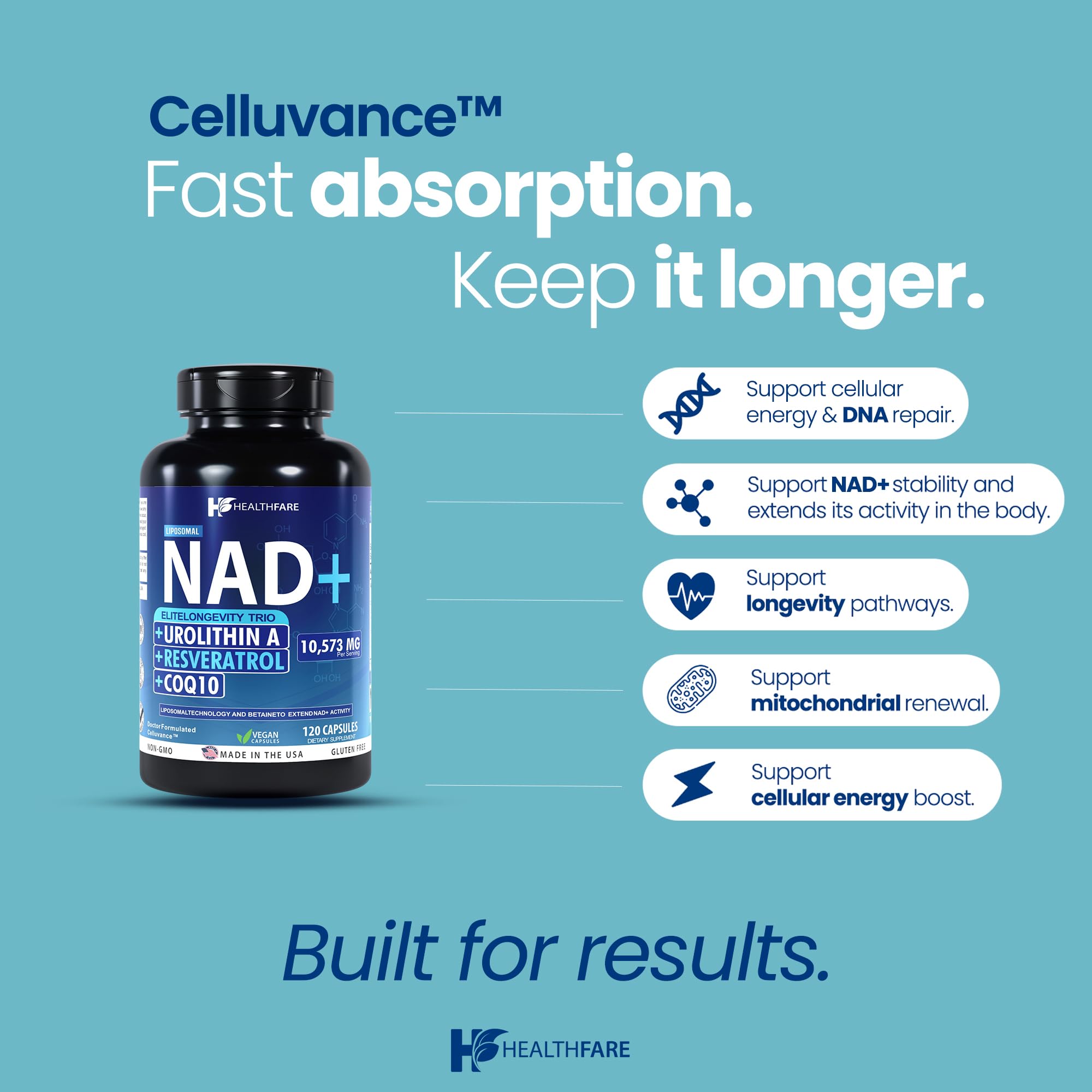 Healthfare NAD capsules closeup highlights vegan formula and clean ingredients.