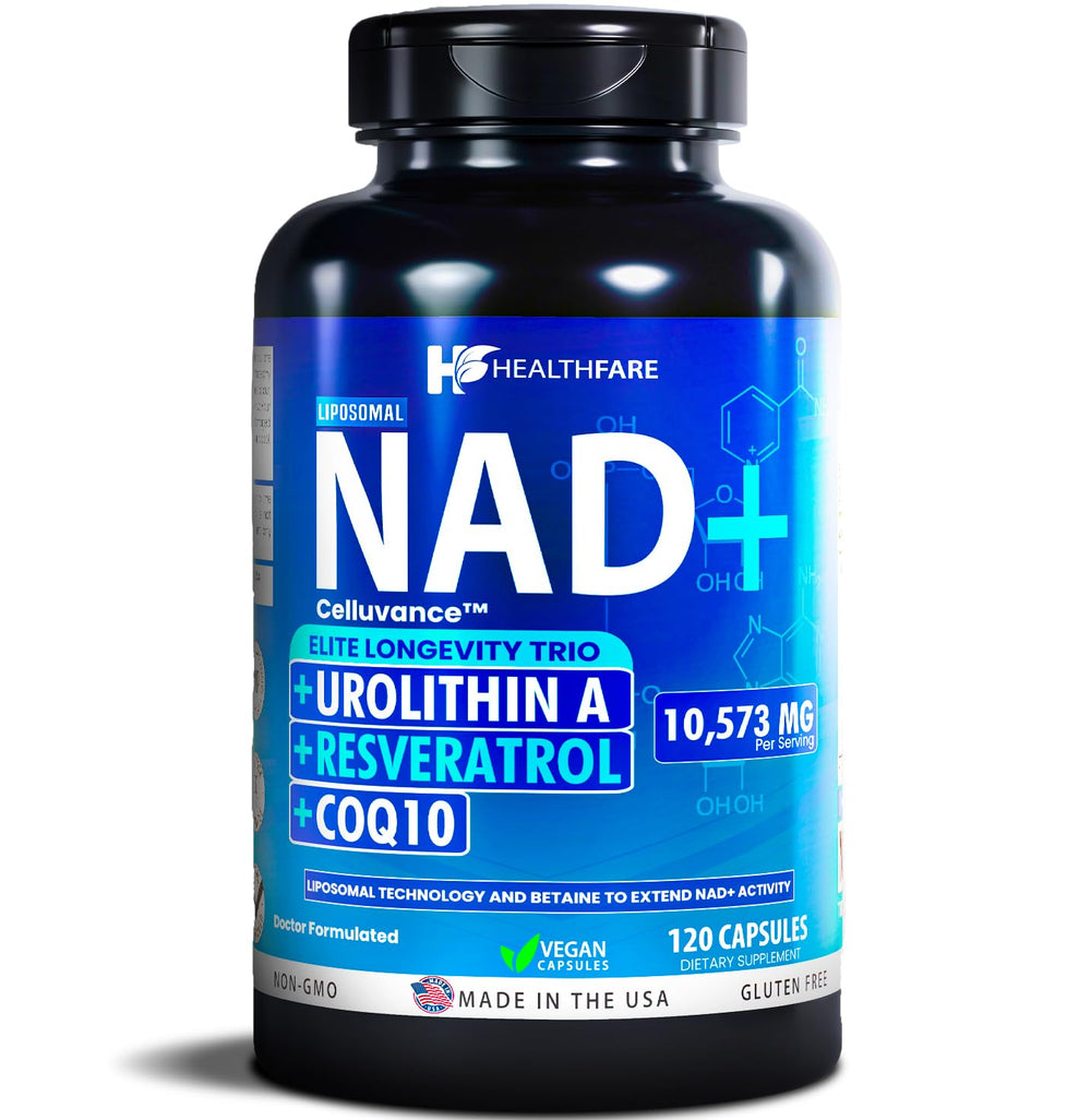 Healthfare NAD supplement bottle shows liposomal delivery for daily energy.