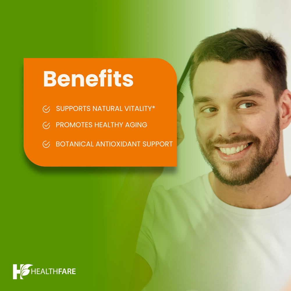 HealthFare non-GMO gluten-free badge on bottle, clean-label assurance.