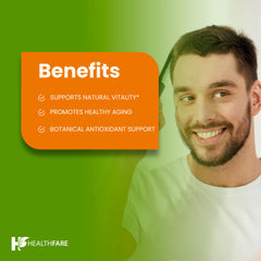 HealthFare non-GMO gluten-free badge on bottle, clean-label assurance.