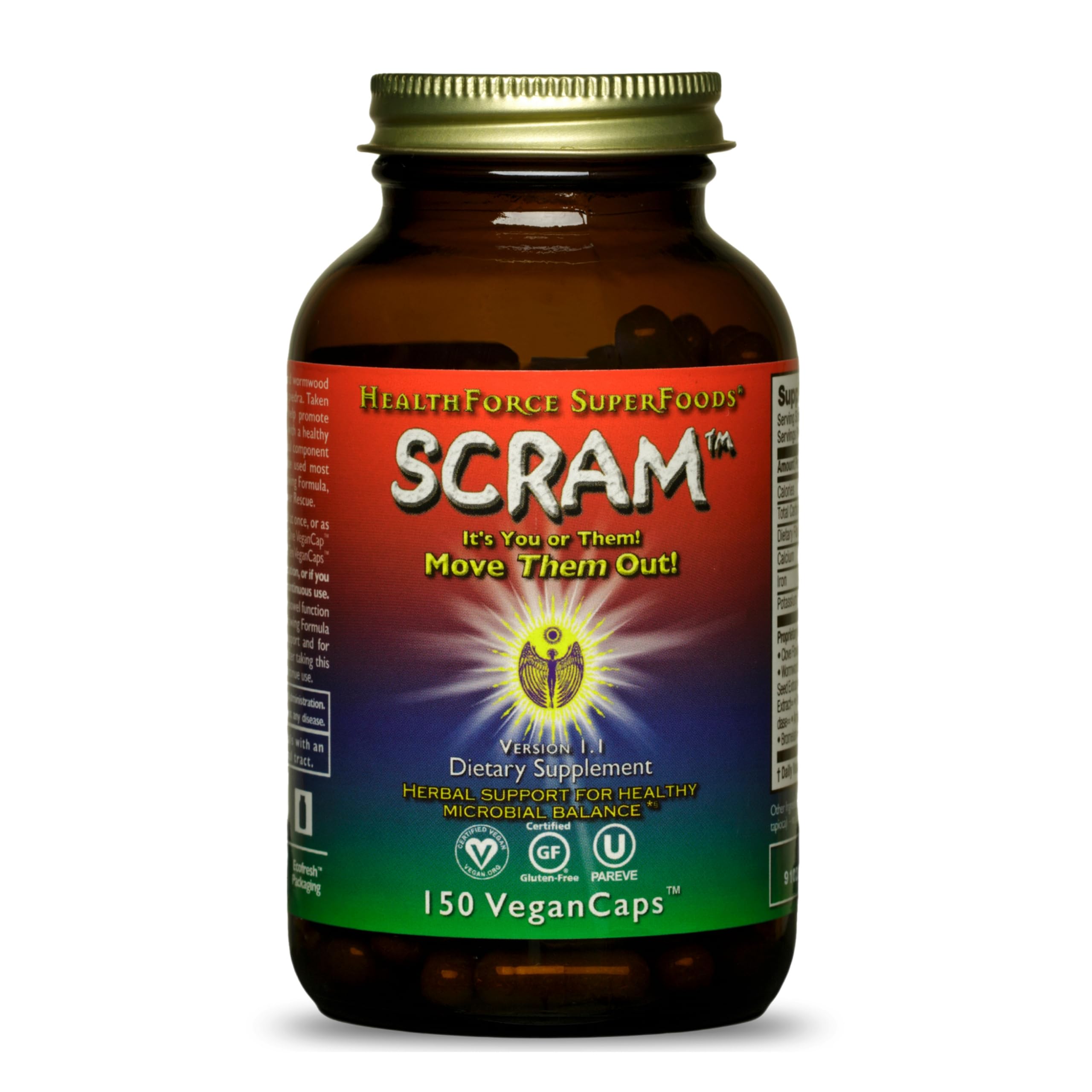 HealthForce Scram bottle front view, ready for daily digestion support.