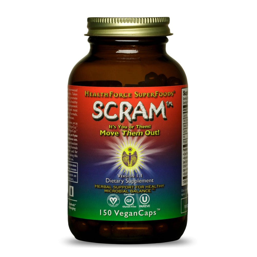 HealthForce Scram bottle front view, ready for daily digestion support.