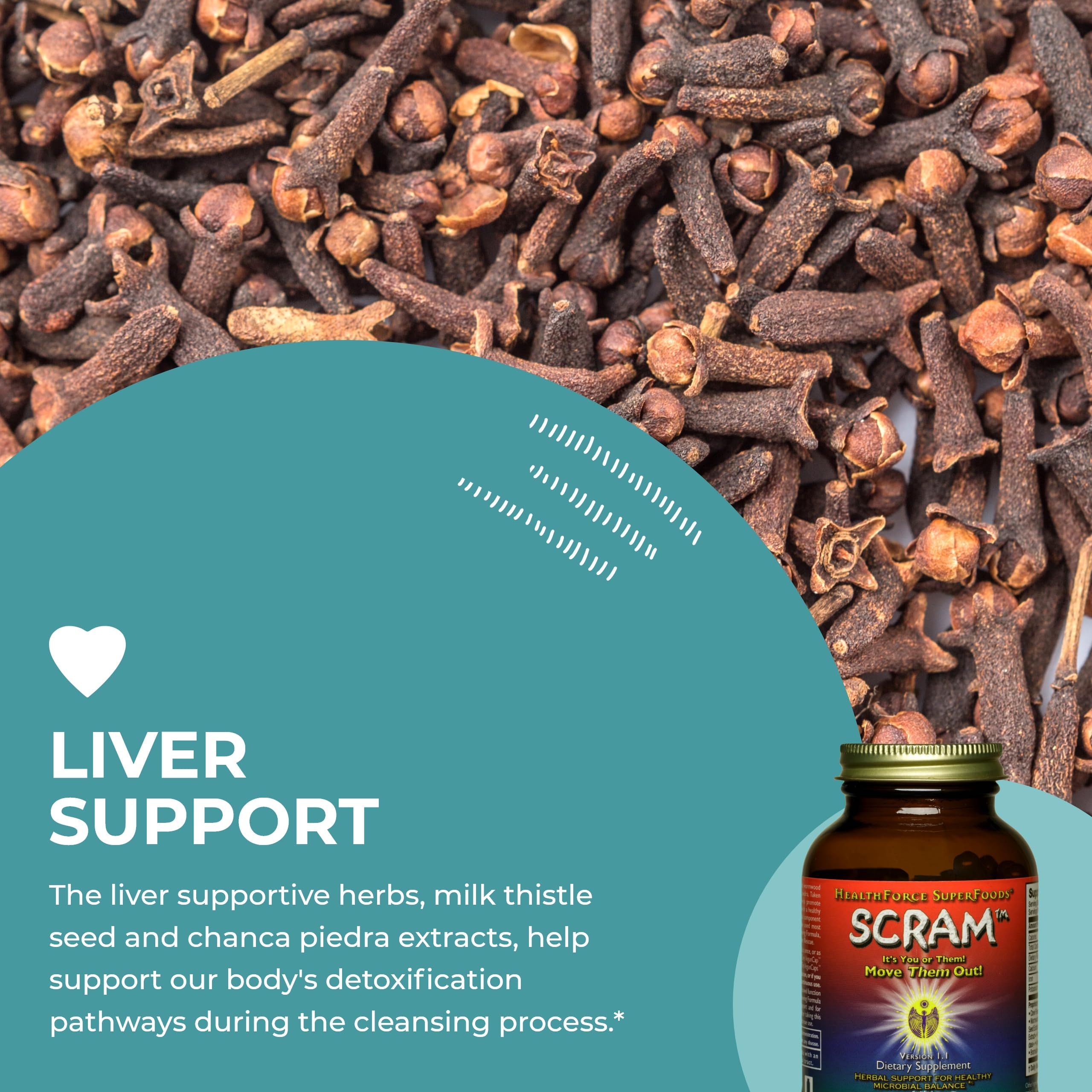 HealthForce Scram capsules with cloves and black walnut imagery.