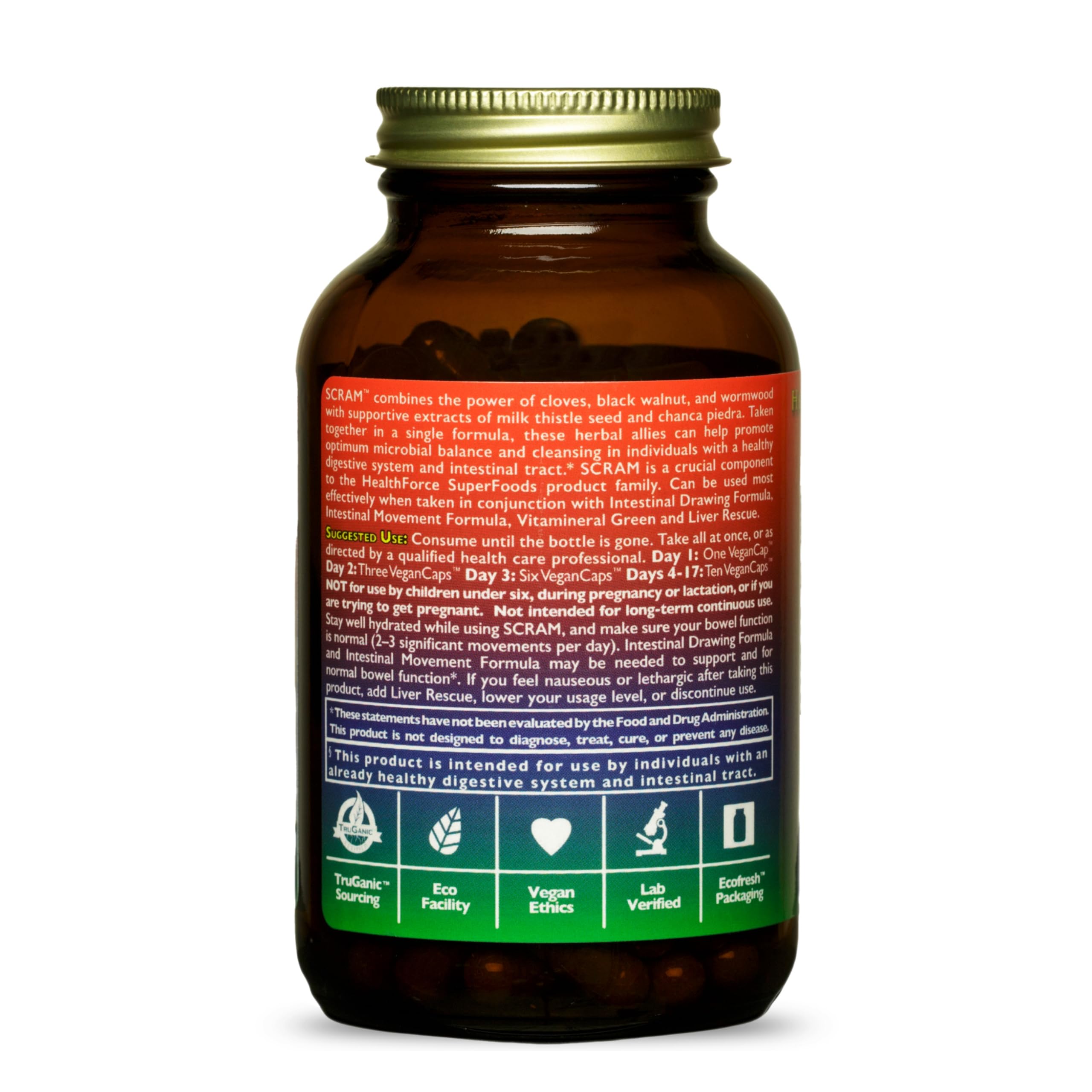 HealthForce Scram capsules beside a glass of water for a routine.