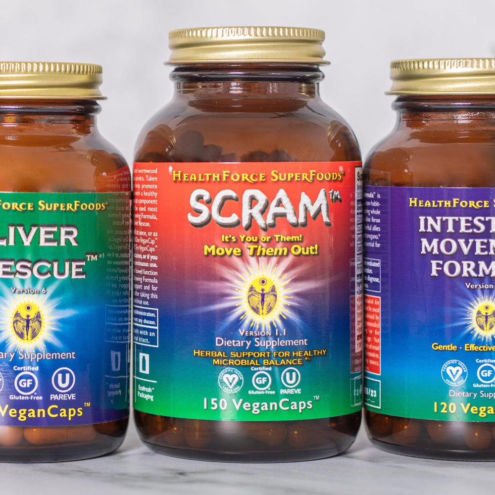 HealthForce Scram dosage guidance label visible on bottle.