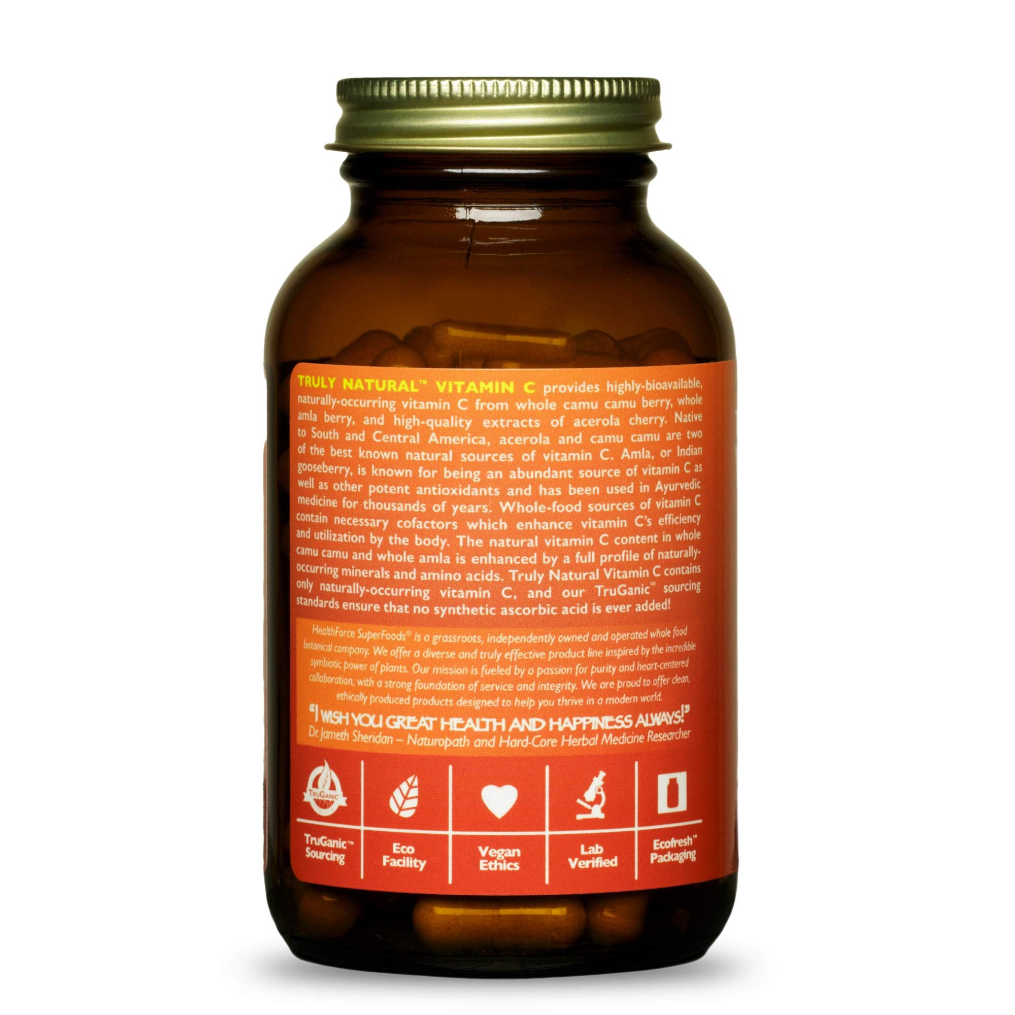 HEALTHFORCE SUPERFOODS Truly Natural Vitamin C bottle with open capsules for easy dosing.