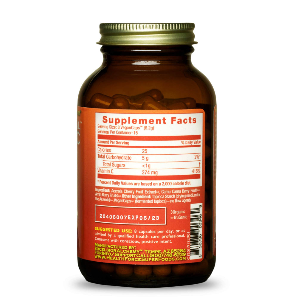 HEALTHFORCE SUPERFOODS Truly Natural Vitamin C camu camu capsules for daily immune nutrition.