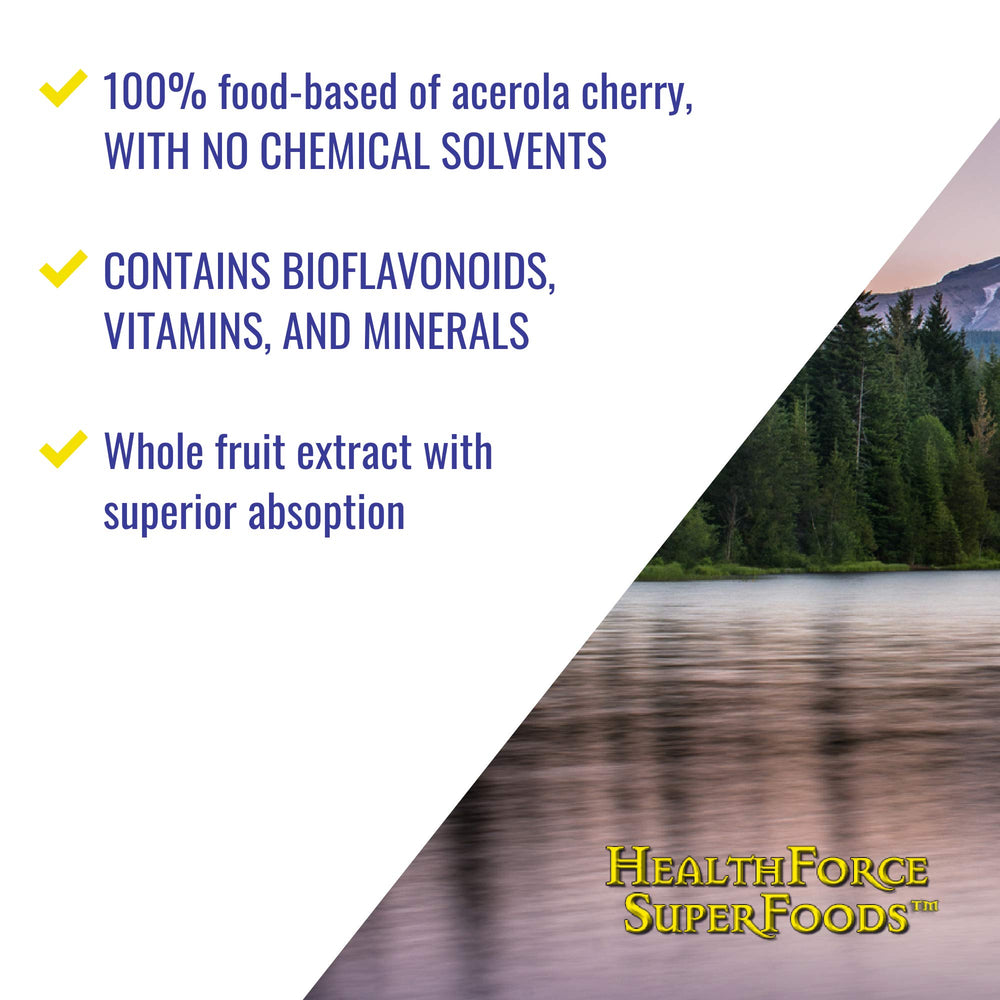 HEALTHFORCE SUPERFOODS Truly Natural Vitamin C capsules close-up suggesting easy swallowing.