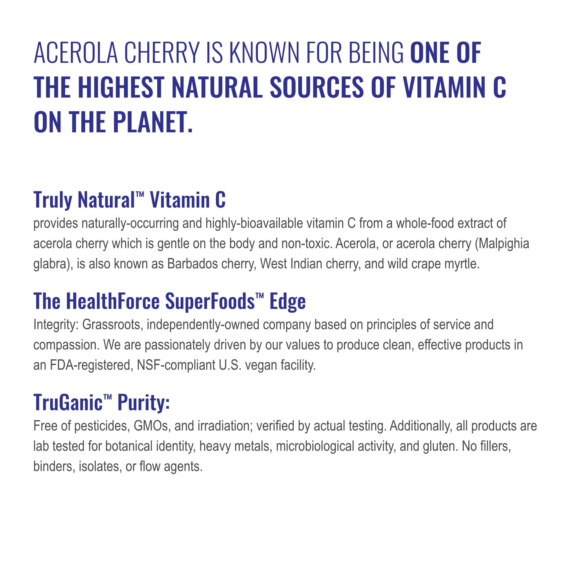 HEALTHFORCE SUPERFOODS Truly Natural Vitamin C packaging emphasizes vegan, kosher, gluten-free attributes.