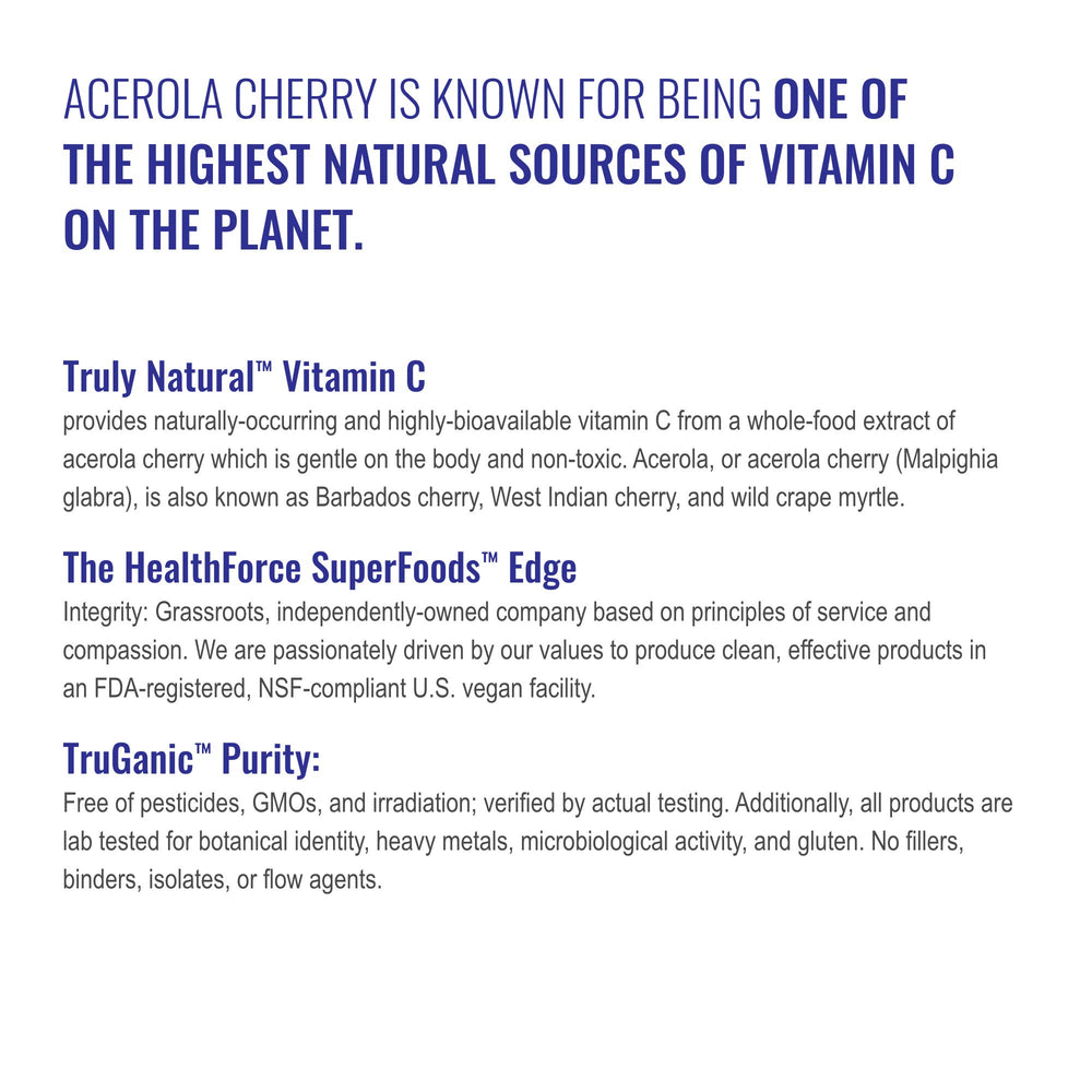 HEALTHFORCE SUPERFOODS Truly Natural Vitamin C packaging emphasizes vegan, kosher, gluten-free attributes.