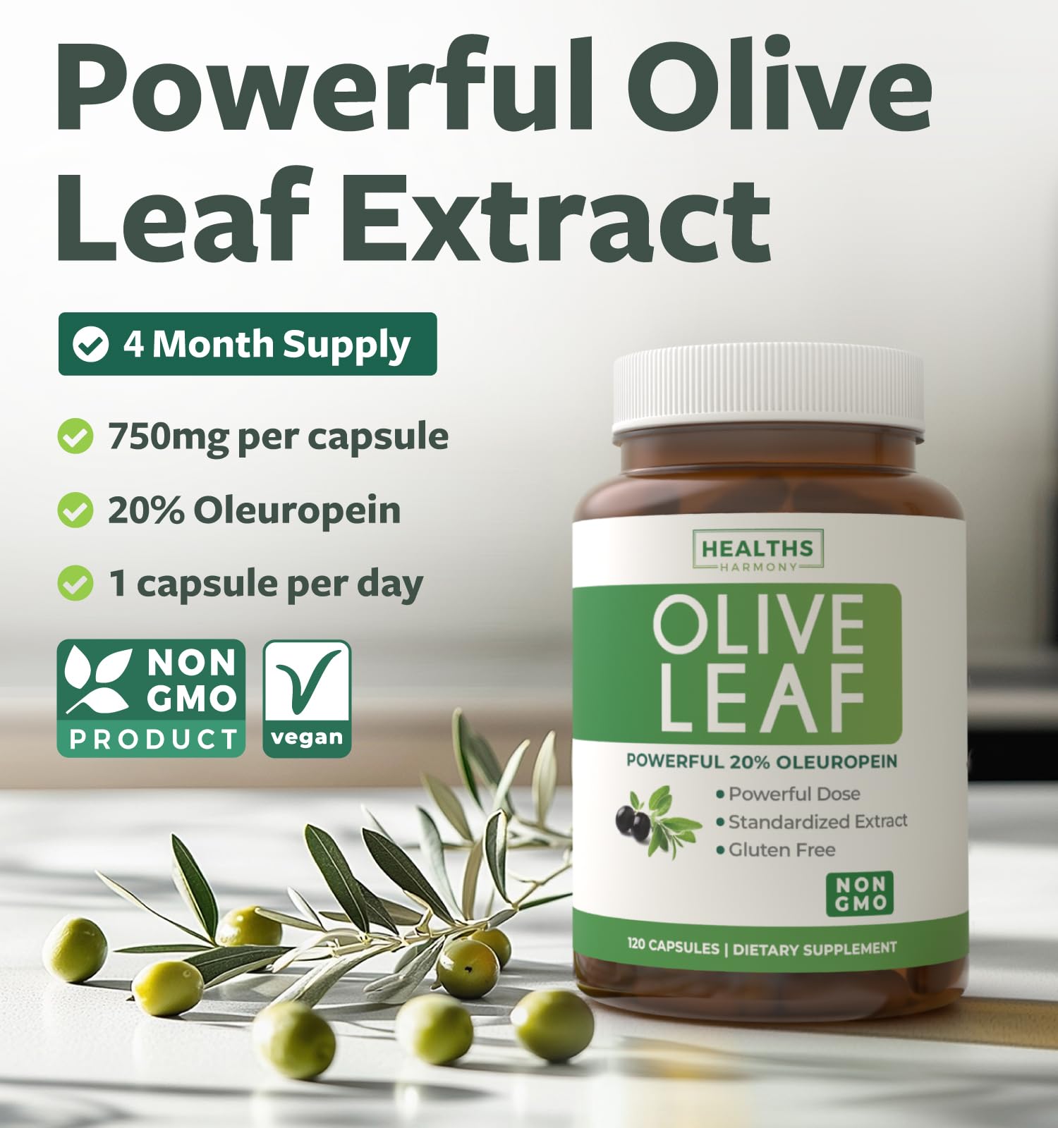 Healths Harmony 750mg olive leaf capsules with oleuropein for antioxidant potential.