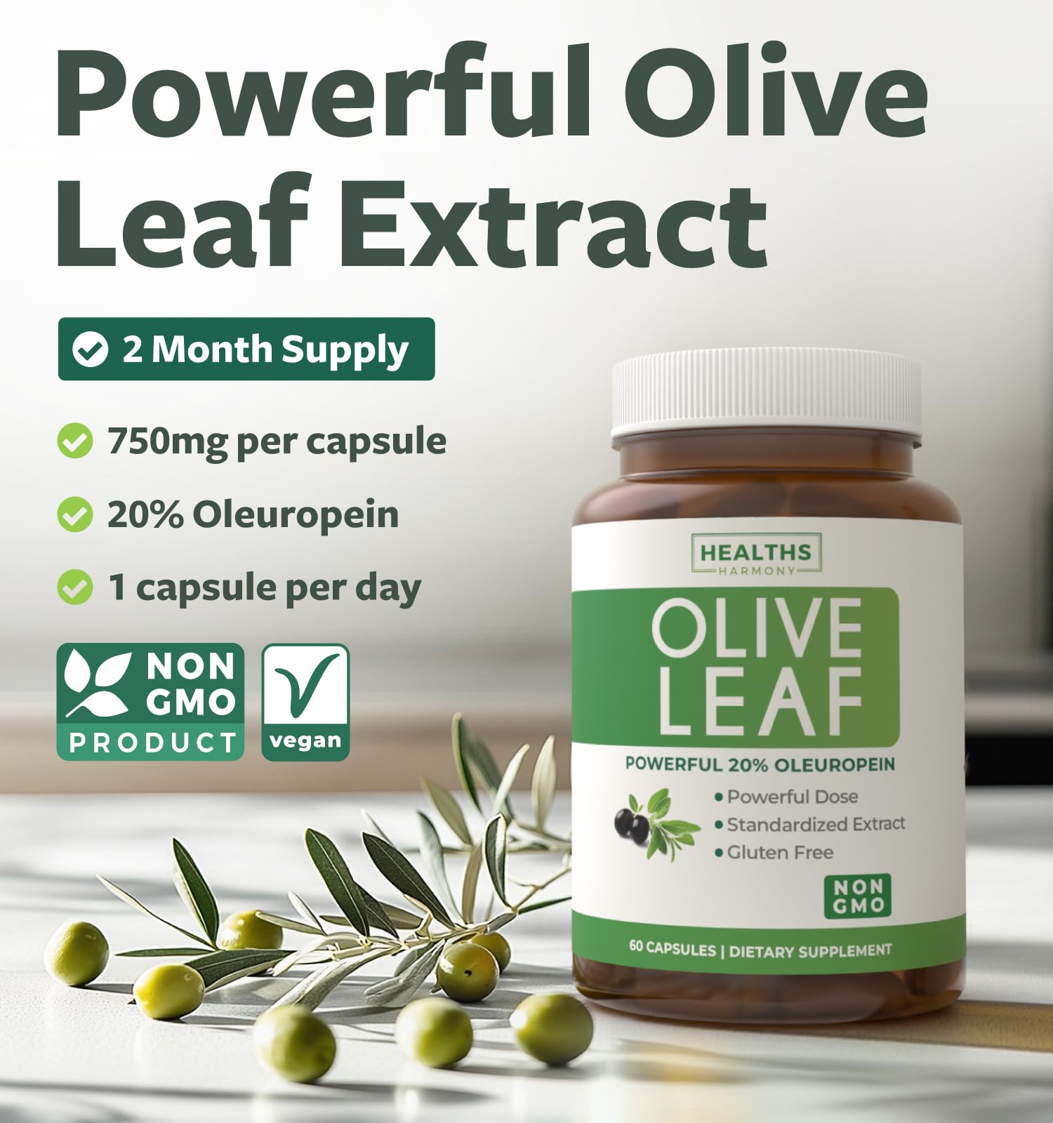 Healths Harmony 750mg olive leaf capsule emphasizing potency for daily wellness.