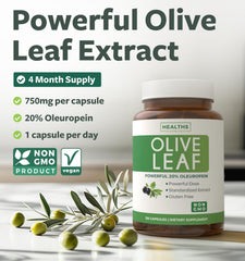 Healths Harmony 750mg olive leaf capsules with oleuropein for antioxidant potential.