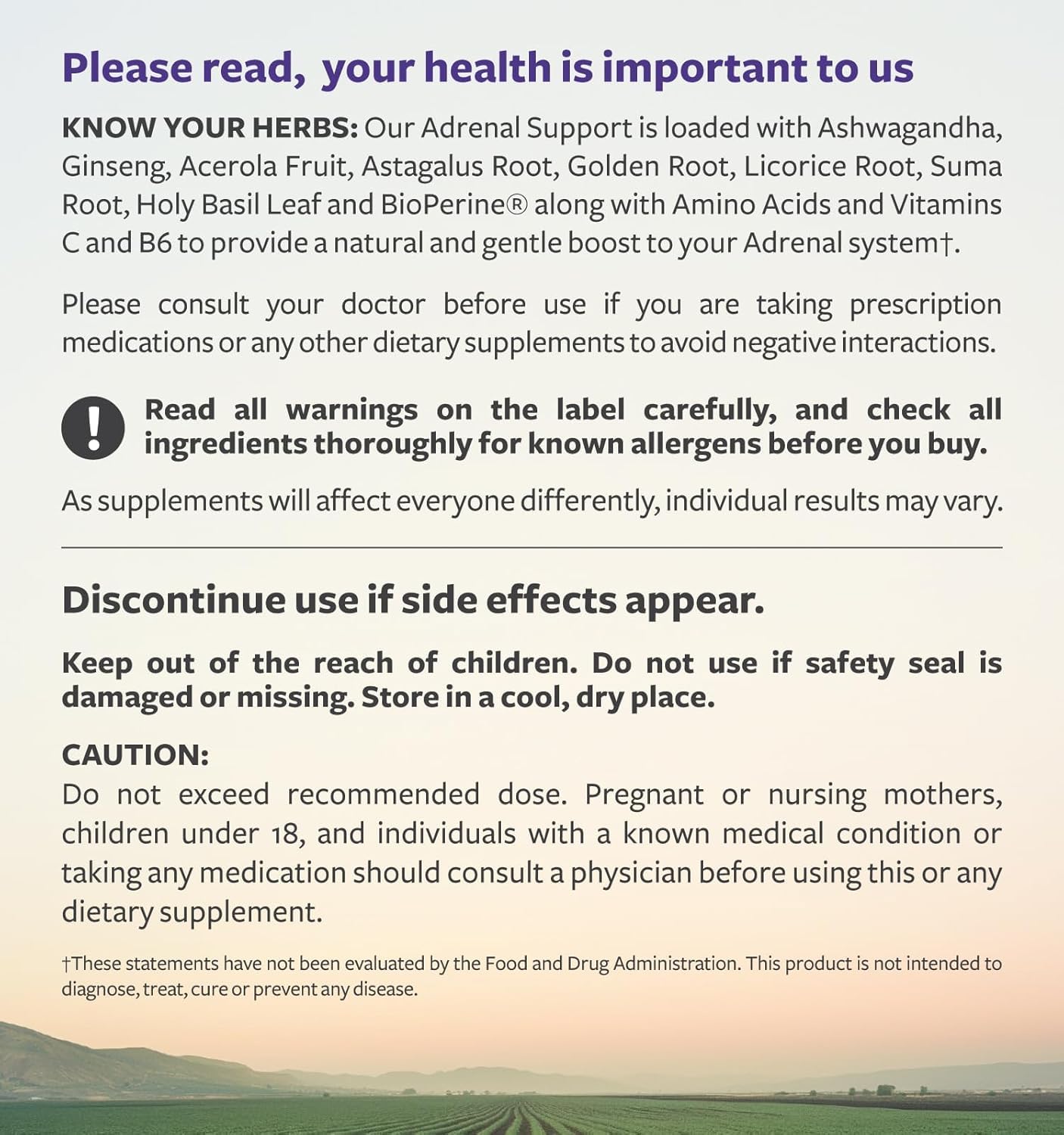 Healths Harmony Adrenal GMP facility label indicates high-quality manufacturing