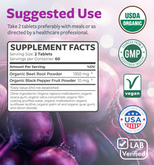 Healths Harmony beet root powder tablets in bottle on wooden surface ready for daily use.