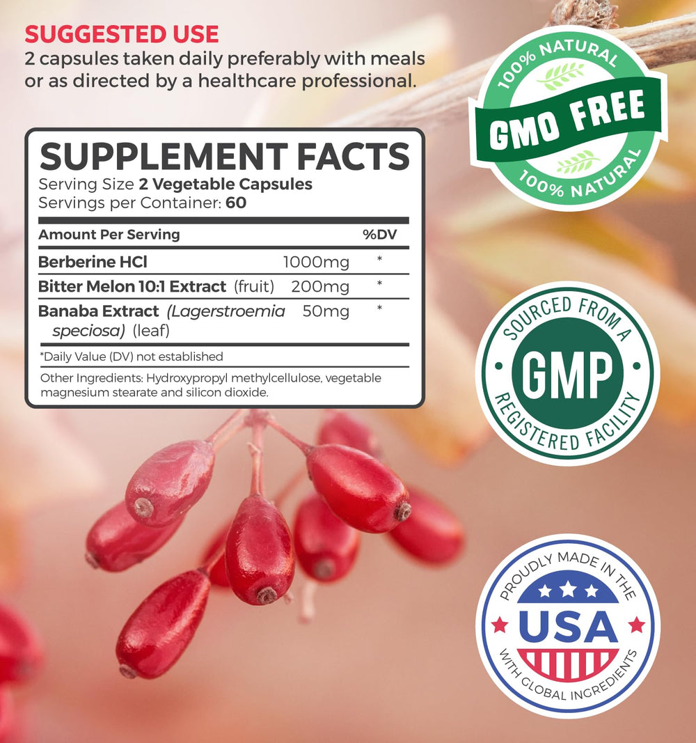 Healths Harmony Berberine ingredients panel highlights non-GMO vegetarian formulation for clean supplementation.