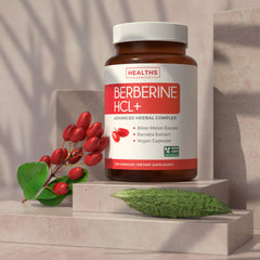 Healths Harmony Berberine capsules close-up highlighting vegetarian and non-GMO formula.
