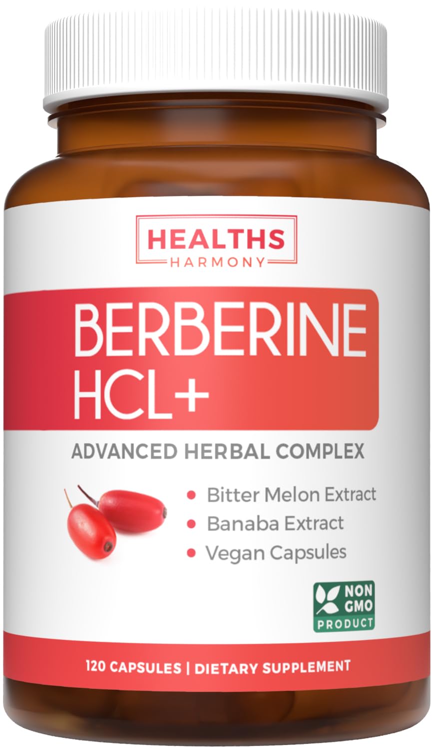 Healths Harmony Berberine HCL bottle label shows 120 capsules for daily metabolic support.