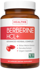 Healths Harmony Berberine HCL bottle label shows 120 capsules for daily metabolic support.
