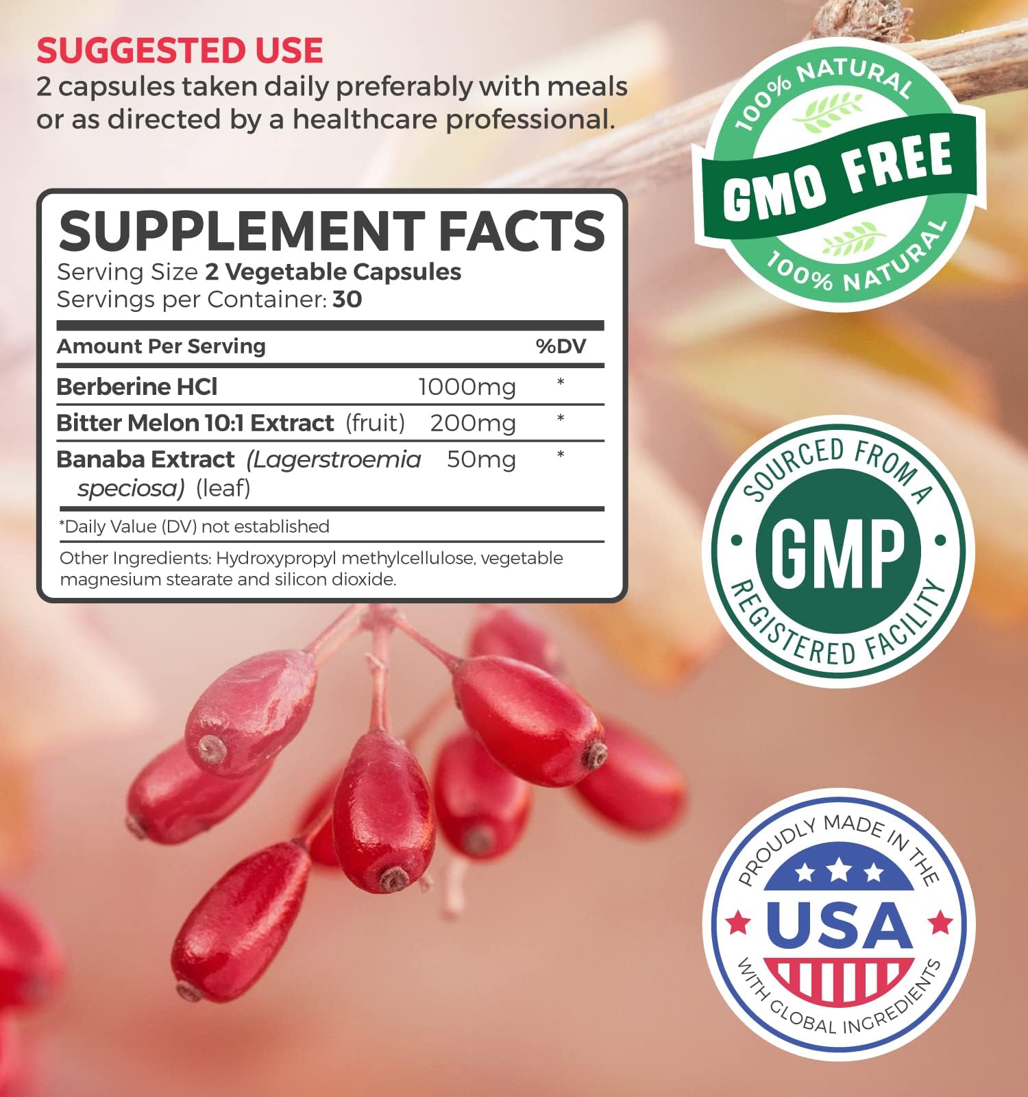 Healths Harmony Berberine HCL Plus Banaba leaf extract graphic signals plant-based support.