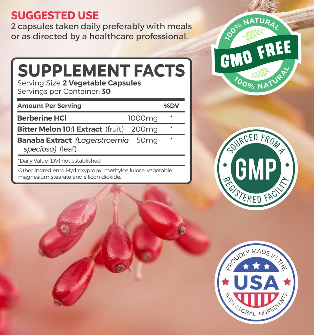 Healths Harmony Berberine HCL Plus Banaba leaf extract graphic signals plant-based support.