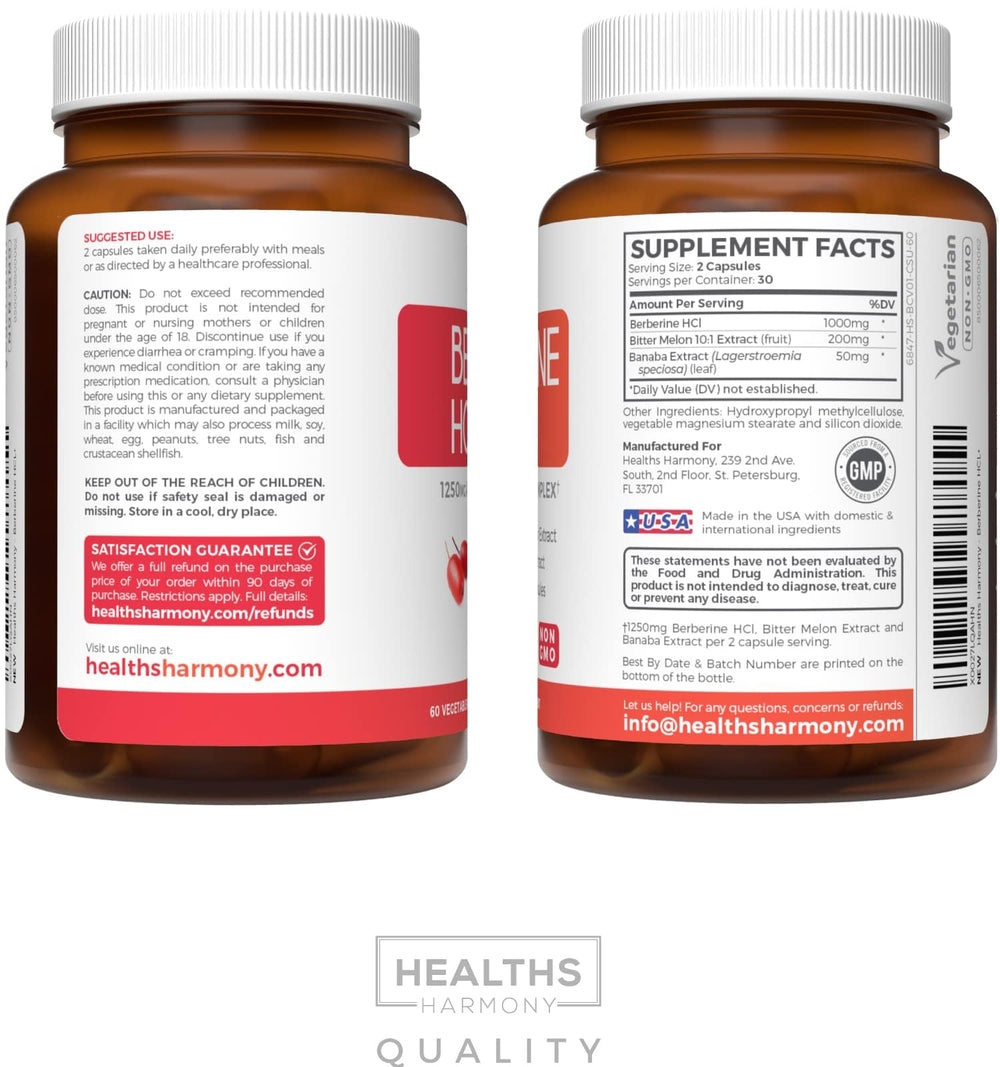 Healths Harmony Berberine HCL Plus non-GMO vegetarian capsules appear clean and trusted.