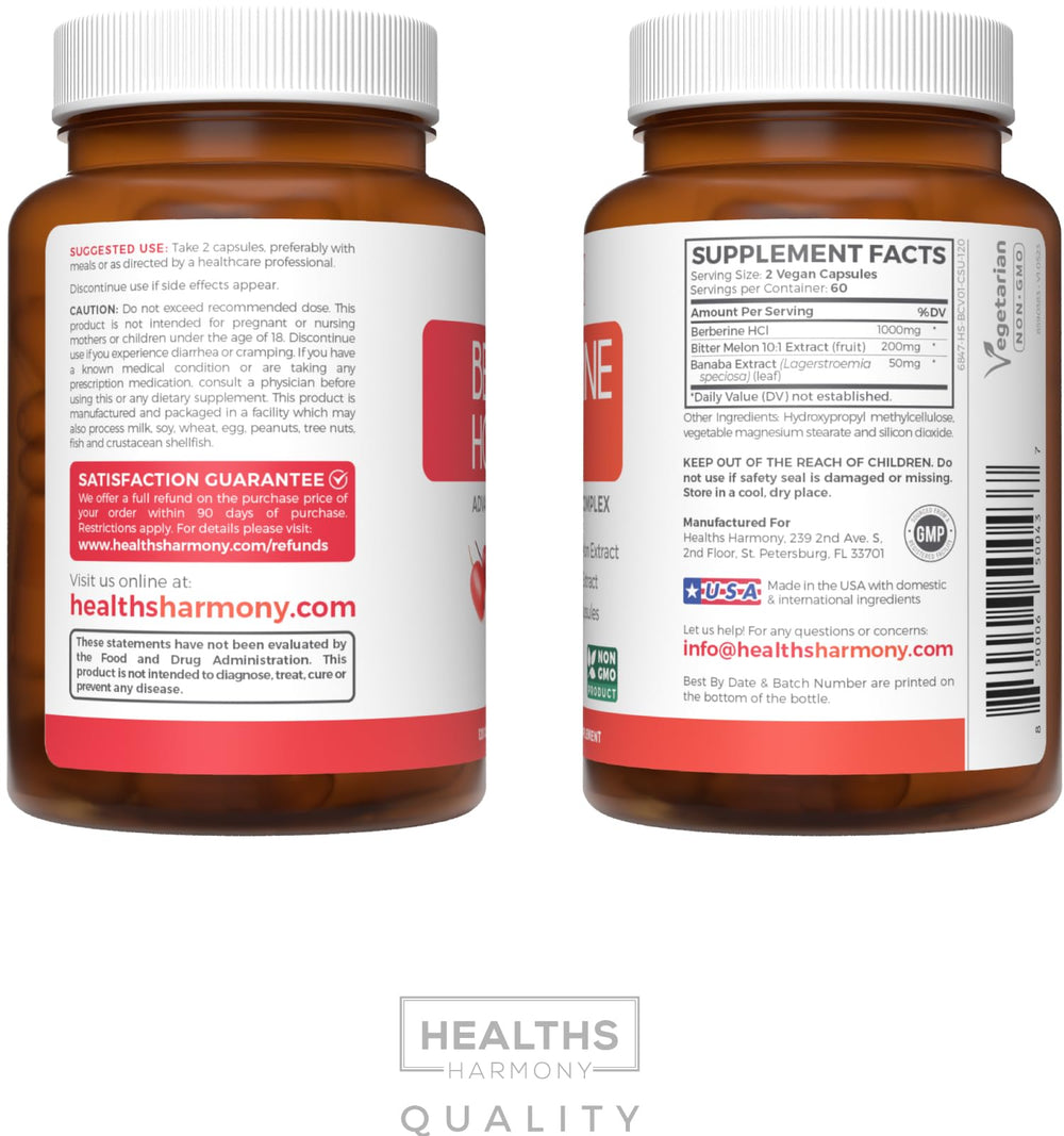 Healths Harmony Berberine product packaging indicates USA-made manufacturing quality controls.