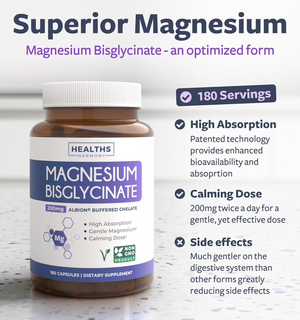 Healths Harmony bisglycinate capsules close-up label shows lab-verified quality.