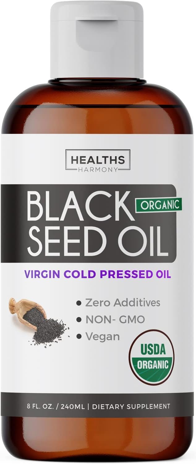 Healths Harmony black cumin seed oil bottle for daily antioxidant support.