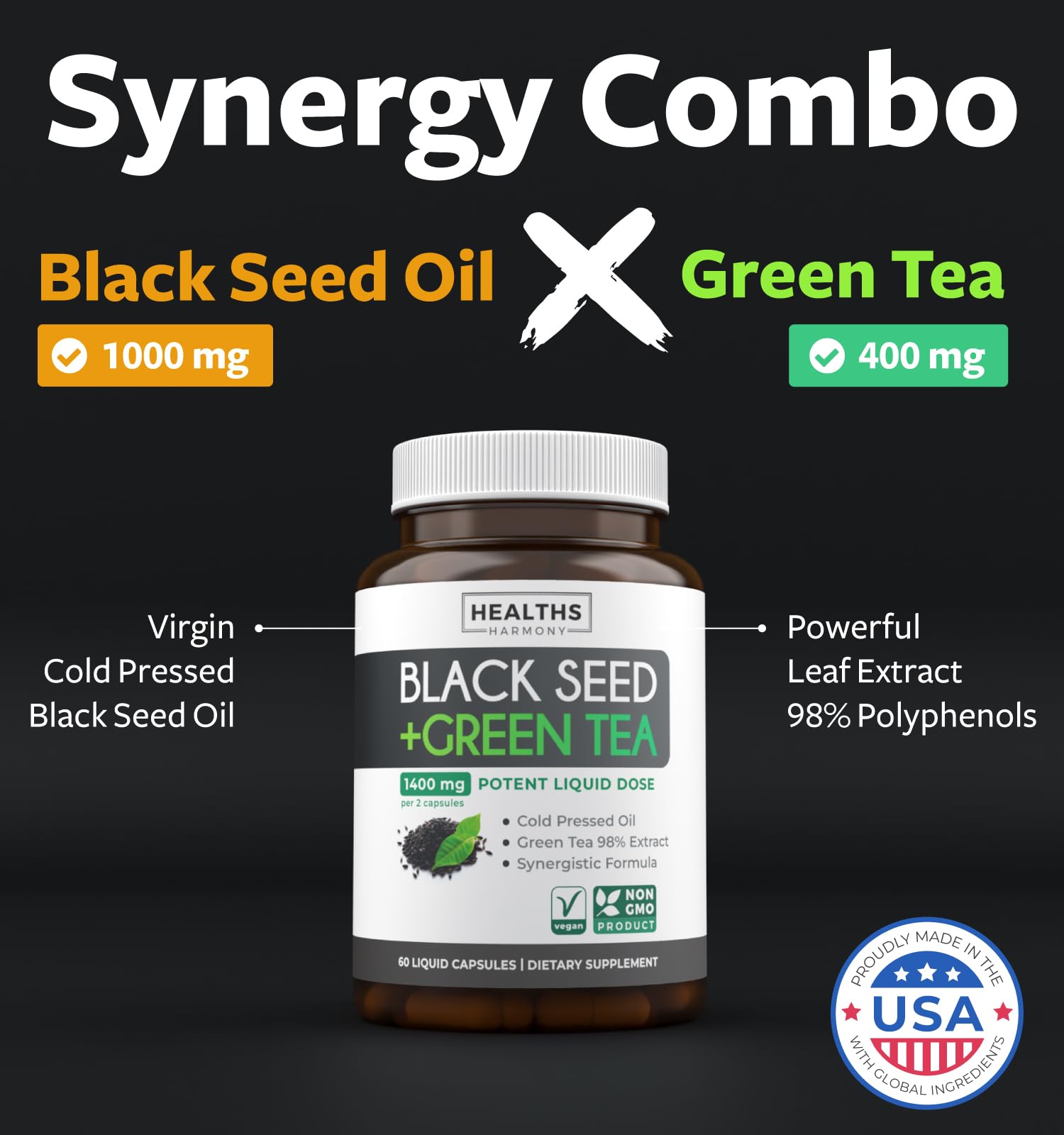 Healths Harmony black seed oil capsules closeup emphasizing vegan non-GMO formula for clean wellness.