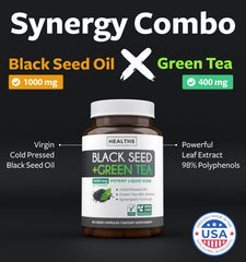 Healths Harmony black seed oil capsules closeup emphasizing vegan non-GMO formula for clean wellness.
