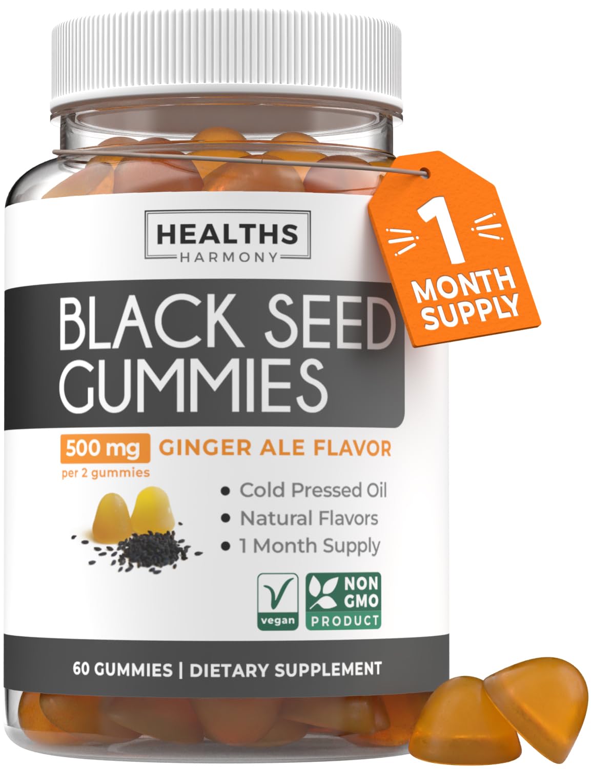 Healths Harmony black seed oil gummies bottle, ideal daily supplement