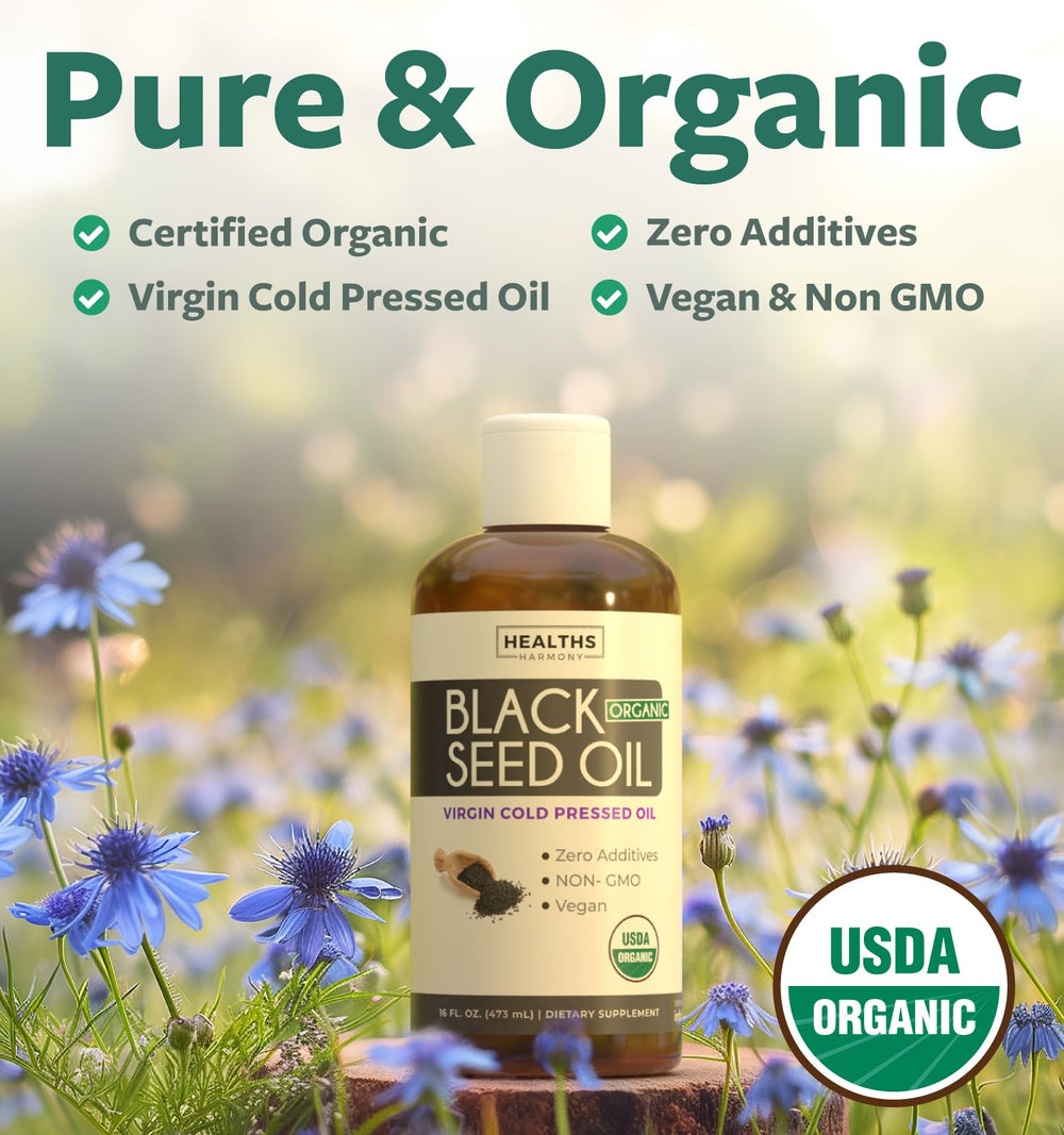 Healths Harmony black seed oil liquid bottle with dropper for convenient daily dosing.