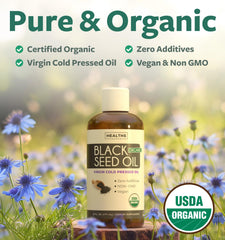 Healths Harmony black seed oil liquid bottle with dropper for convenient daily dosing.