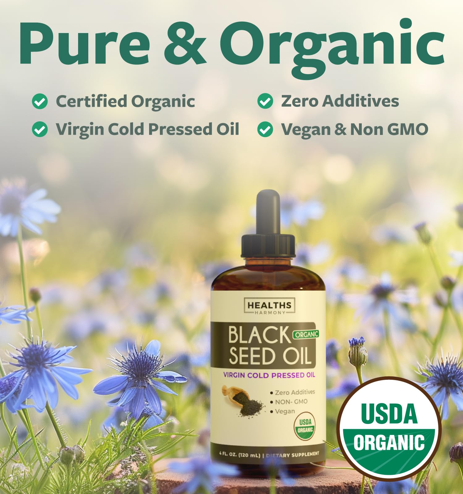 Healths Harmony black seed oil pour showing easy daily dosing.