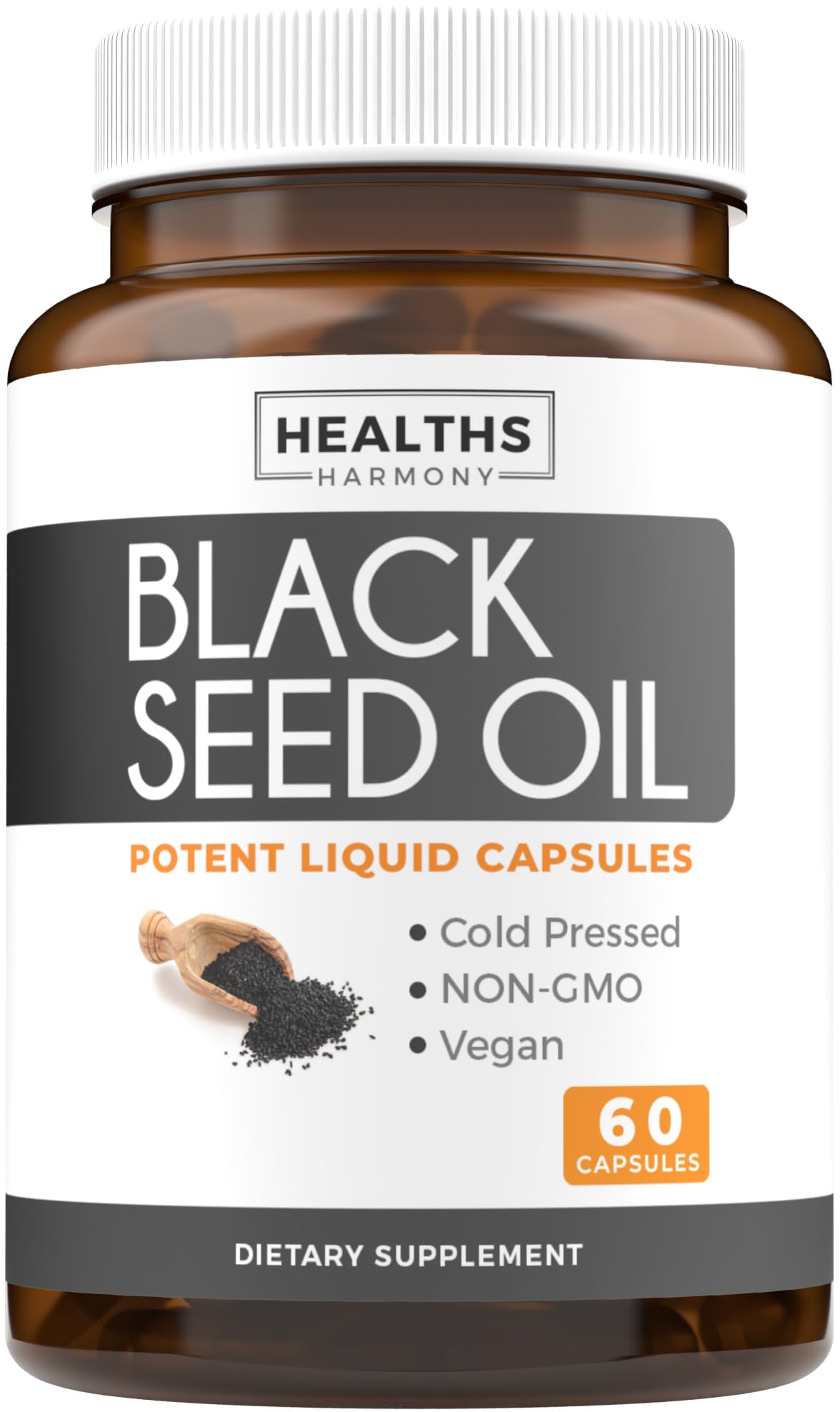 Healths Harmony black seed oil softgel bottle for easy daily supplementation.